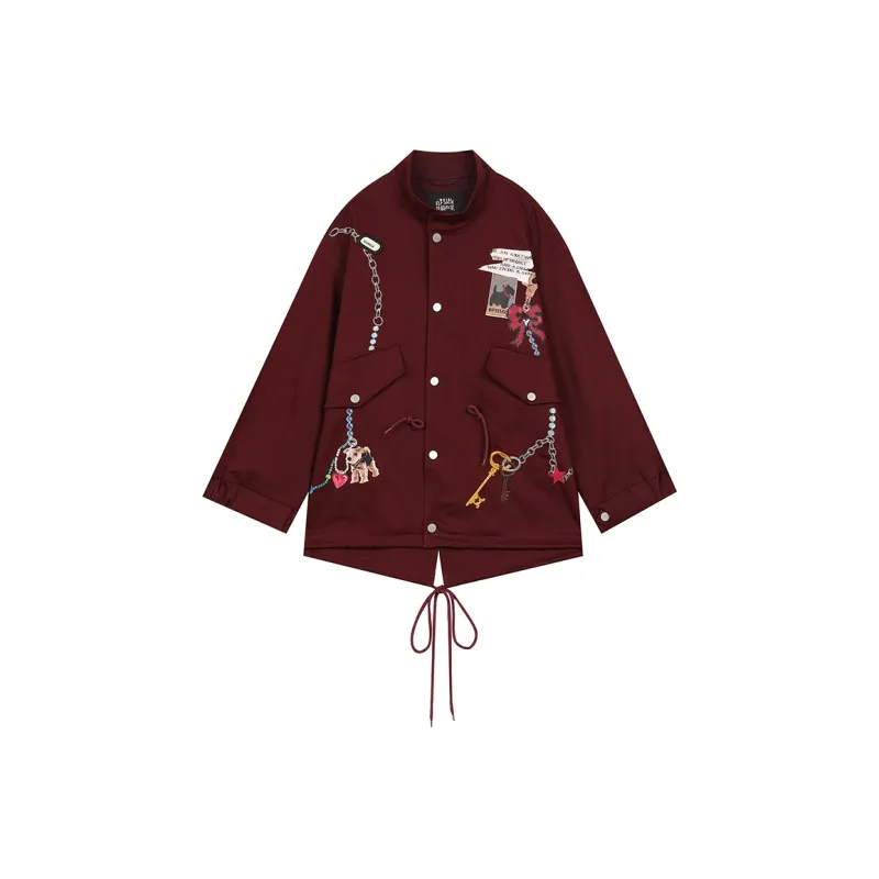 ELF SACK Angora Red American Vintage Print Workwear Trench Coat Women's-0