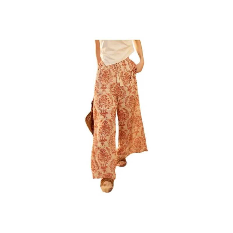 ZIHAN Casual Pants Women's Beige With Red Print-0