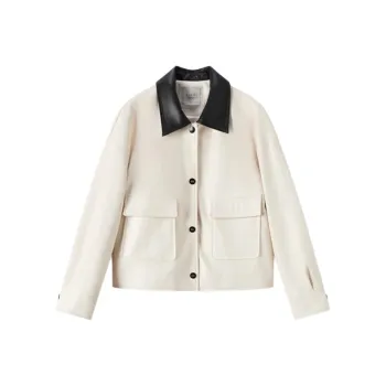 EICHITOO Leather Jacket Women's Ecru Trim