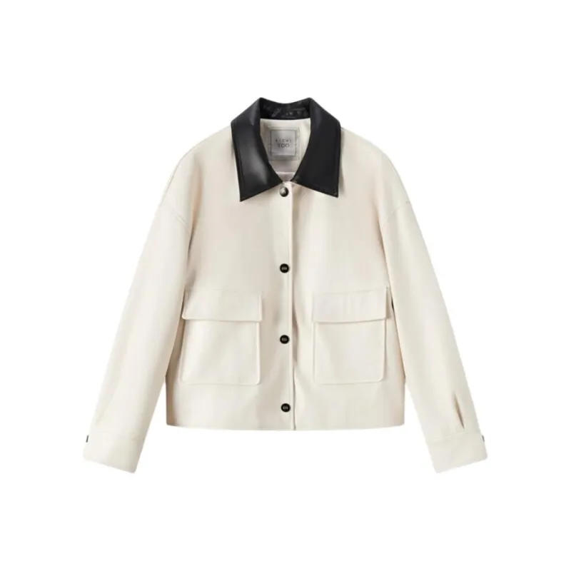 EICHITOO Leather Jacket Women's Ecru Trim-0