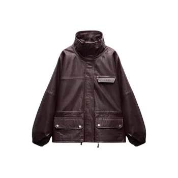 ZARA ZW Series Leather Jacket Women's Burgundy Red
