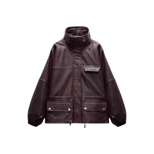 ZARA ZW Series Leather Jacket Women's Burgundy Red
