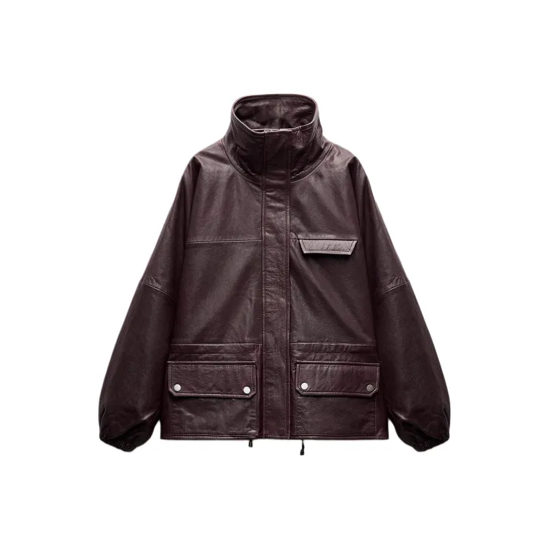 ZARA ZW Series Leather Jacket Women's Burgundy Red-0