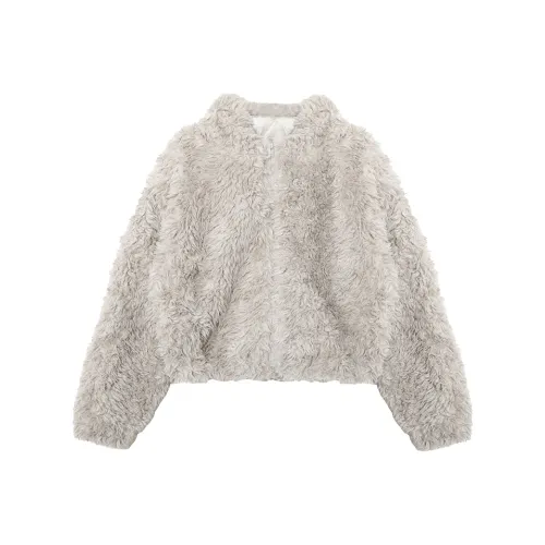 PAZZO Cute Bunny Ears Faux Fur Cropped Plush Coat Women's Milk Tea Gray