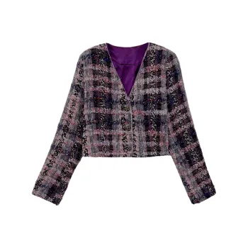 Icicofficial Cropped Coats Women's Purple Plaid Coat