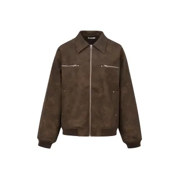 Ariseism Design Zip Closure Lapel Suede Leather Jacket Crop Top Coat For Fall And Winter Women's