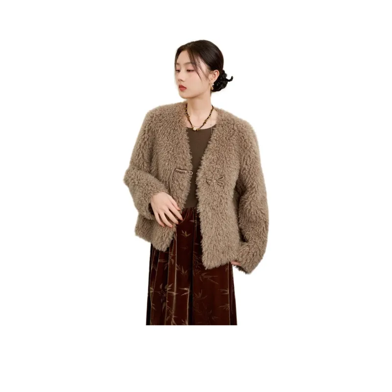 3COLOUR Velvet feel Coat Women's Coffee-0