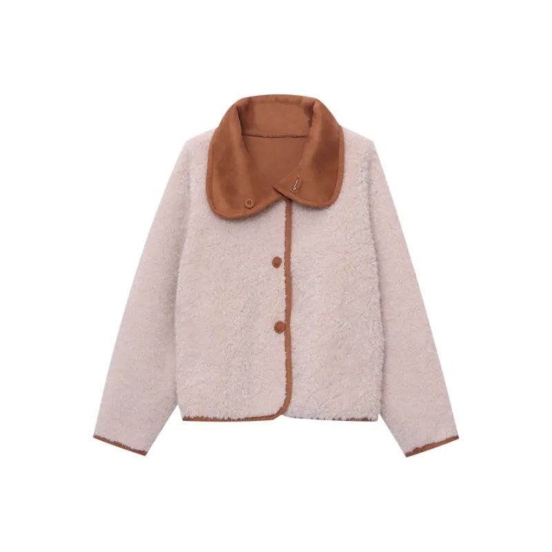 CHARM PICK Velvet feel Coat Women's Khaki & Ecru-0