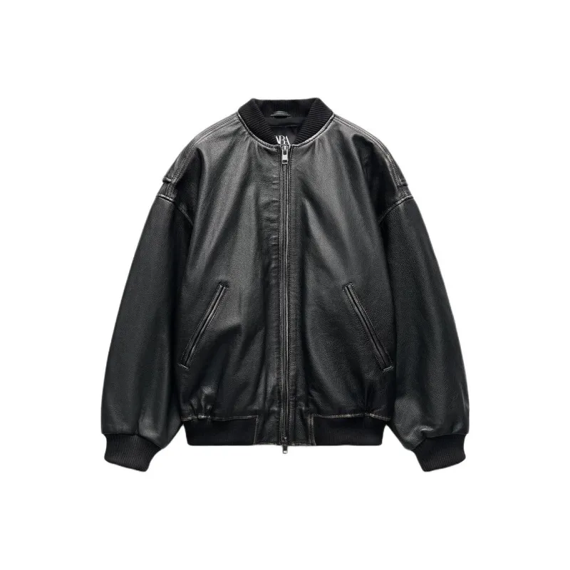 ZARA Trf Leather Jacket Women's Dark Brown-0