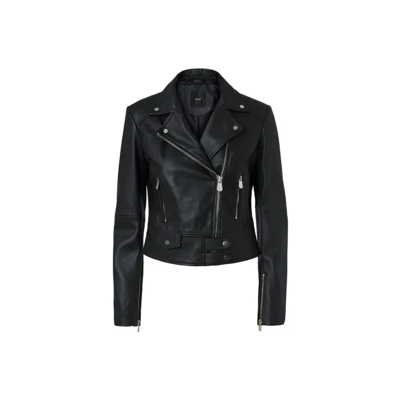 PINKO Short Zipped Leather Biker Jacket-0