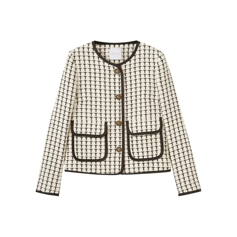 SHUIYUNJIAN Cropped Coats Women's Ivory White Plaid-0