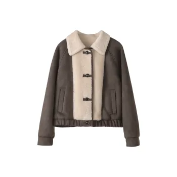 Fstudio Fall And Winter Suede Patchwork Lambswool Cropped Coat Women's Coffee
