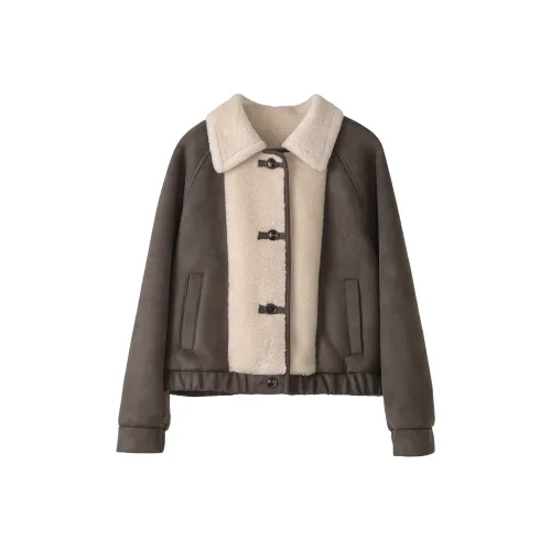 Fstudio Fall And Winter Suede Patchwork Lambswool Cropped Coat Women's Coffee