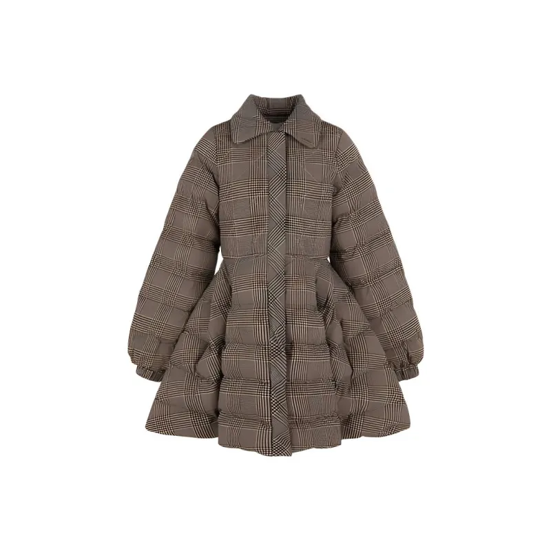 Selkie Collection FW24 Puffer Jacket Women's Brown Base With Houndstooth Plaid Print-0
