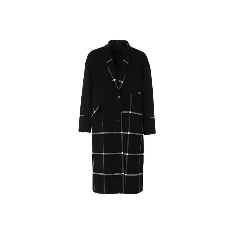QIAOWANNI Coats Women's Checkered Phantom Black-0
