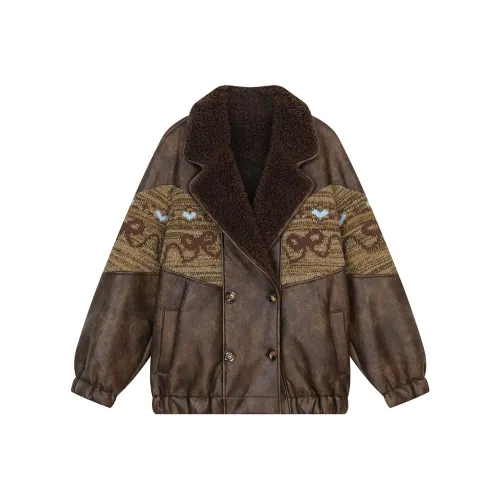 ELF SACK Leather Jacket Women's Vintage Cold Coffee