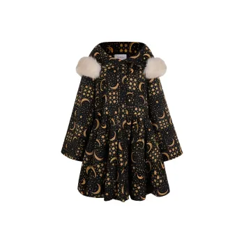 Selkie Collection FW24 Puffer Jacket Women's Black Background Star Moon Checkerboard