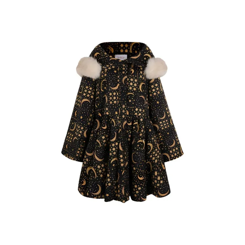 Selkie Collection FW24 Puffer Jacket Women's Black Background Star Moon Checkerboard-0