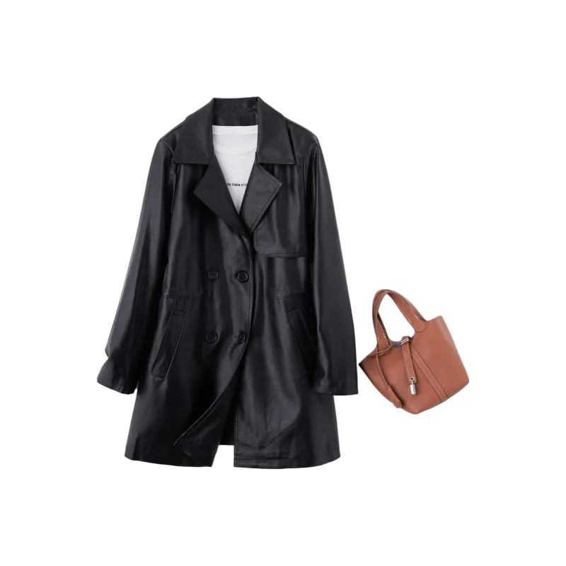 Yi Mengyuan Mid Length Leather Jacket Coat Women's-4
