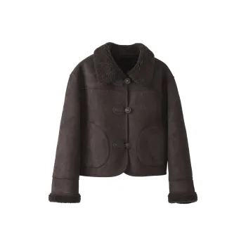 Fstudio Korean Petite Vintage Solid Color Leather Short Plush Coat Women's Coffee