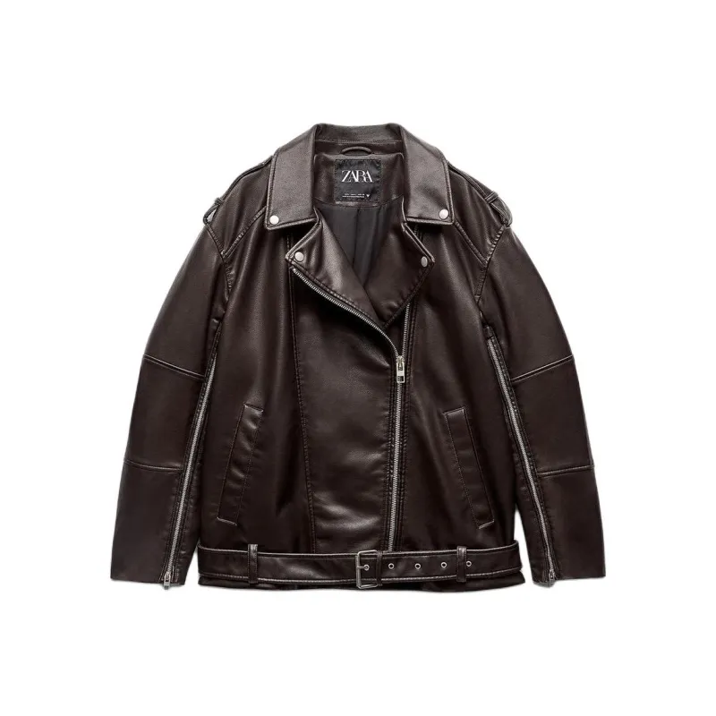 ZARA Trf Leather Jacket Women's Dark Brown-0