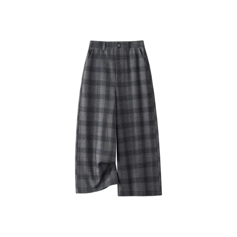 IHIMI Casual Pants Women's Blue And Gray Plaid-0