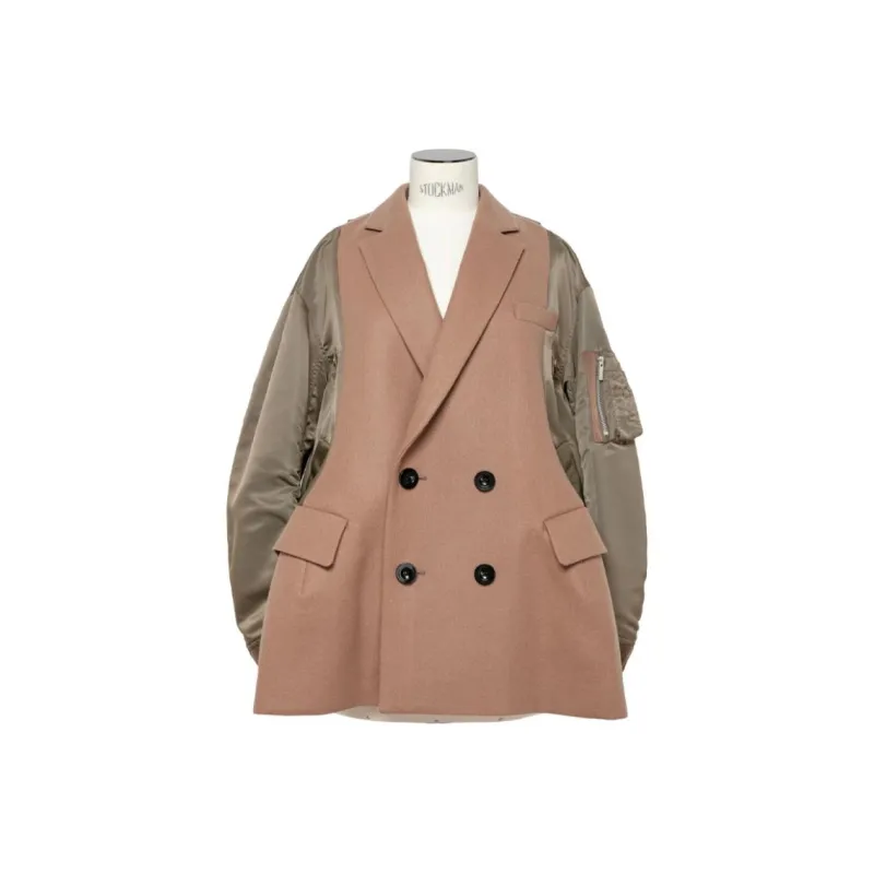 Sacai Wool Melton Nylon Twill Quilted Coat 'Beige/Khaki'-0