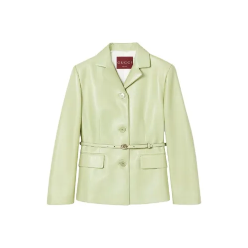 GUCCI SS25 Spring Collection Leather Jacket Women's Gray Green