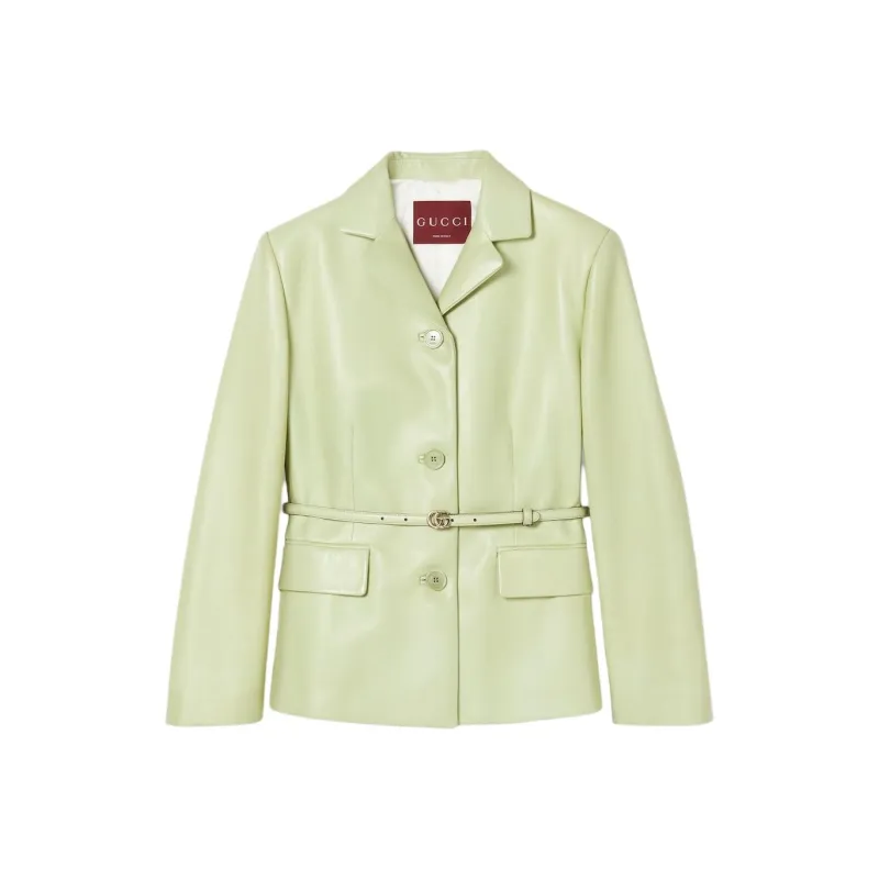 GUCCI SS25 Spring Collection Leather Jacket Women's Gray Green-0