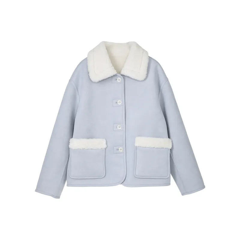 Fstudio Korean Petite Lapel Reversible Velvet Jacket Women's Blue-0