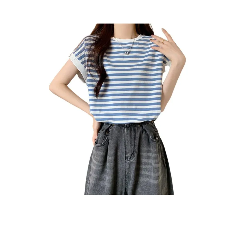 Mu Xiao Xin T Shirts Women's Blue Stripes-1