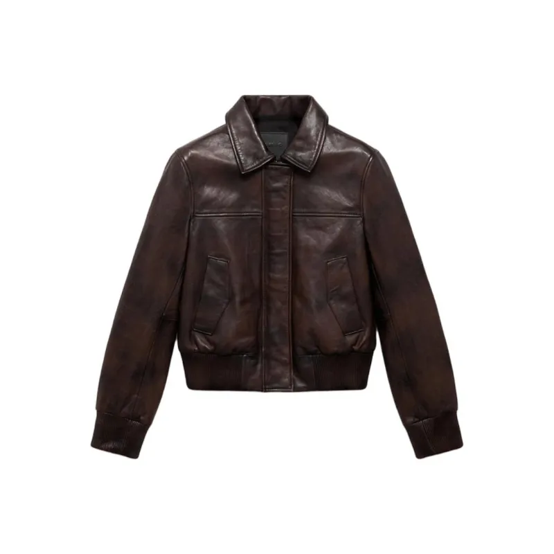 MANGO Leather Jacket Women's Brown-0
