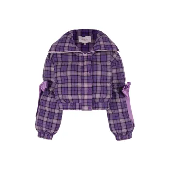 Selkie Collection FW24 Puffer Jacket Women's Purple Preppy Style Plaid Print