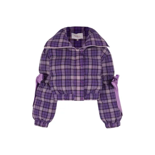 Selkie Collection FW24 Puffer hooded Jacket Women's Purple Preppy Style Plaid Print