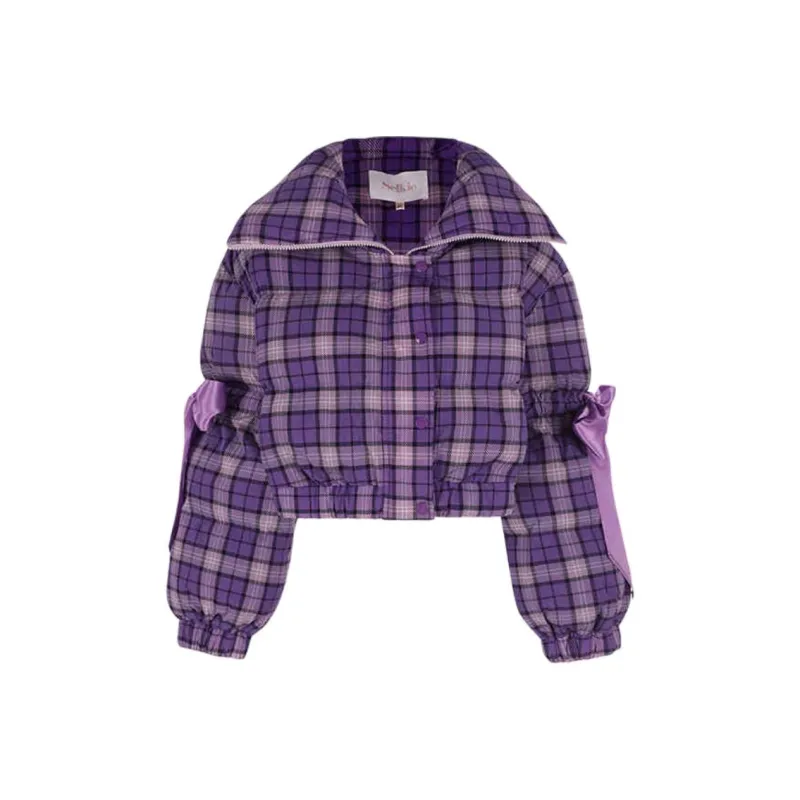Selkie Collection FW24 Puffer Jacket Women's Purple Preppy Style Plaid Print-0