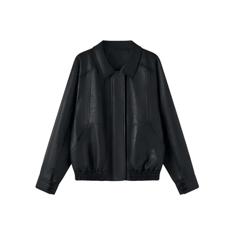 SHUXI Leather Jacket Women's Calla Lily Black-0