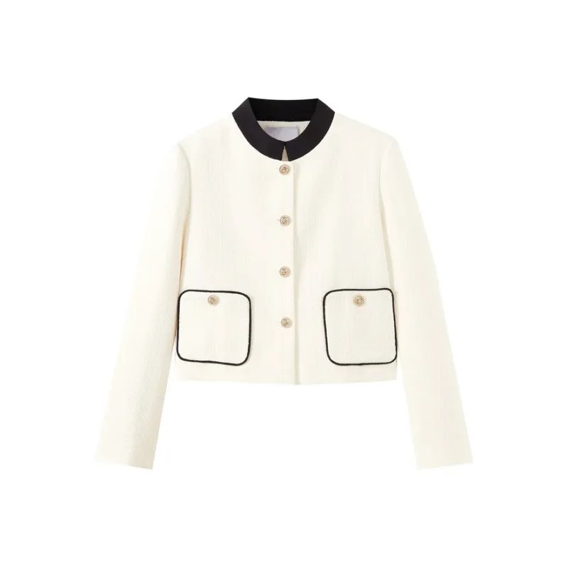 SHUIYUNJIAN Commute Business Double Breasted Short Coat Women's Beige Apricot-0
