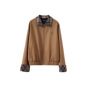NancyCavally Cropped Coat Women's Khaki Plaid Patch Material