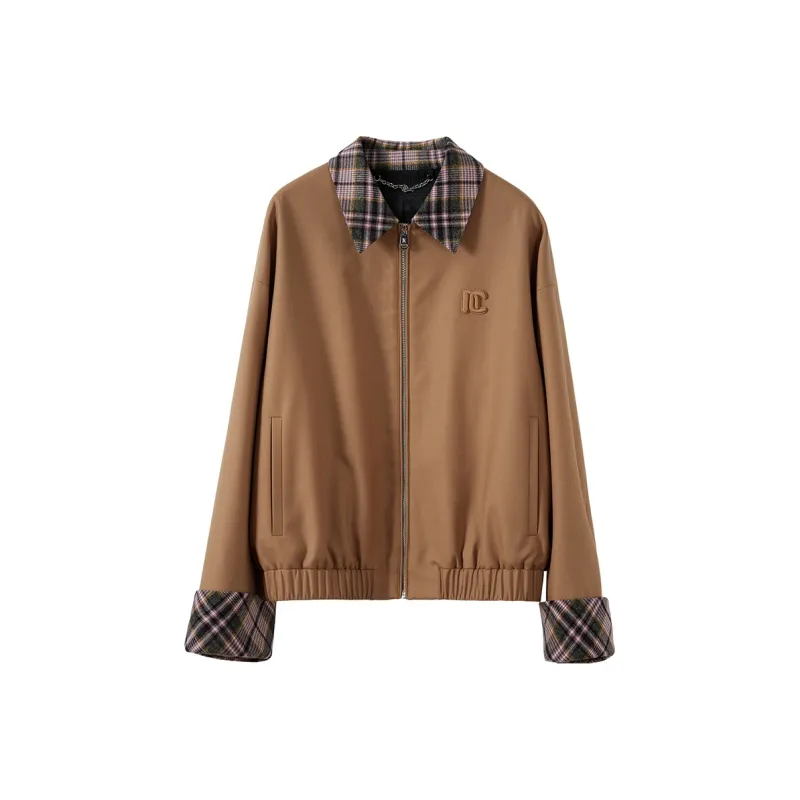 NancyCavally Cropped Coat Women's Khaki Plaid Patch Material-0