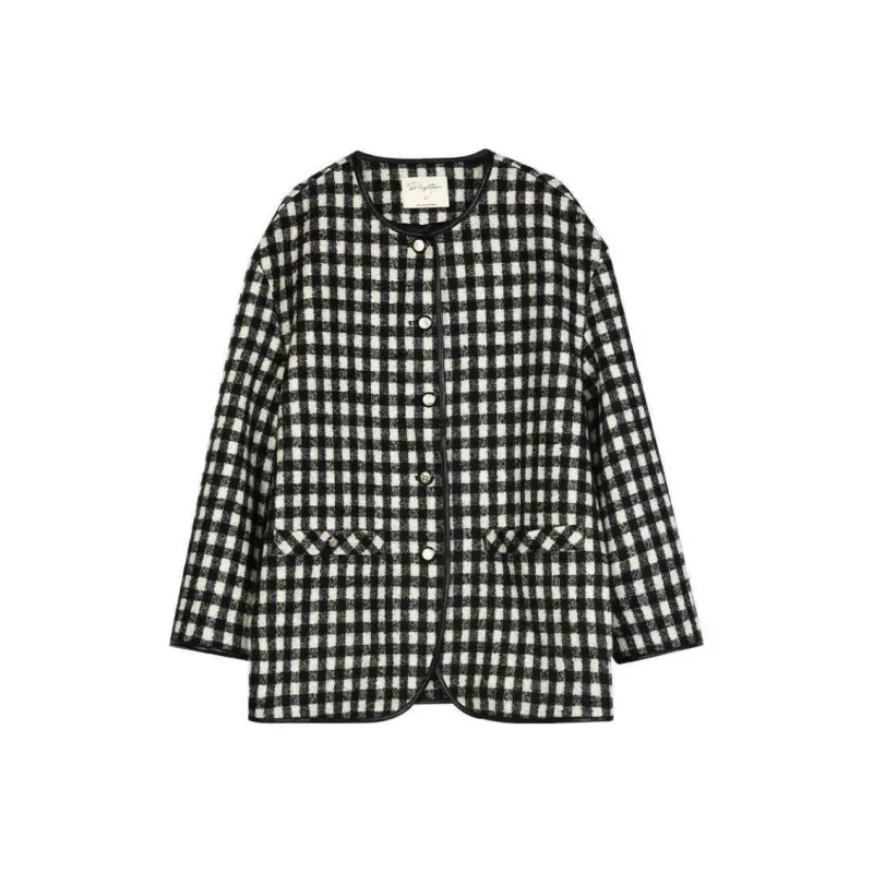 SOLIGHTER Velvet feel Coat Women's Black White Plaid-0