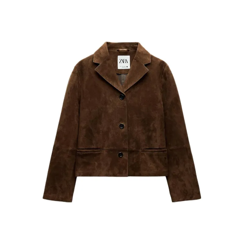 ZARA ZW Series Leather Jacket Women's Brown-0