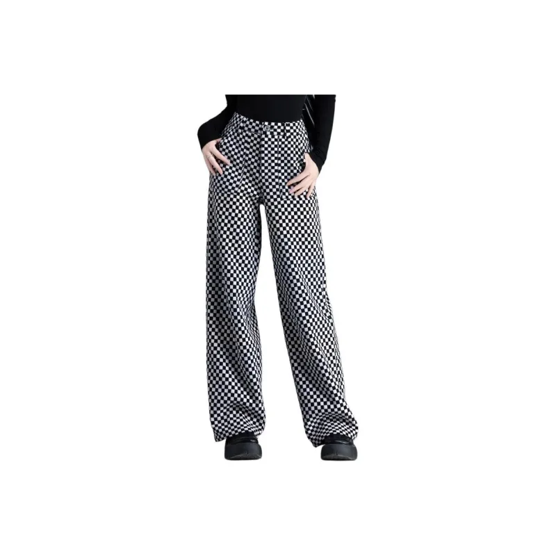 You Cow Me Pants Casual Pants Women's Black White Plaid-0