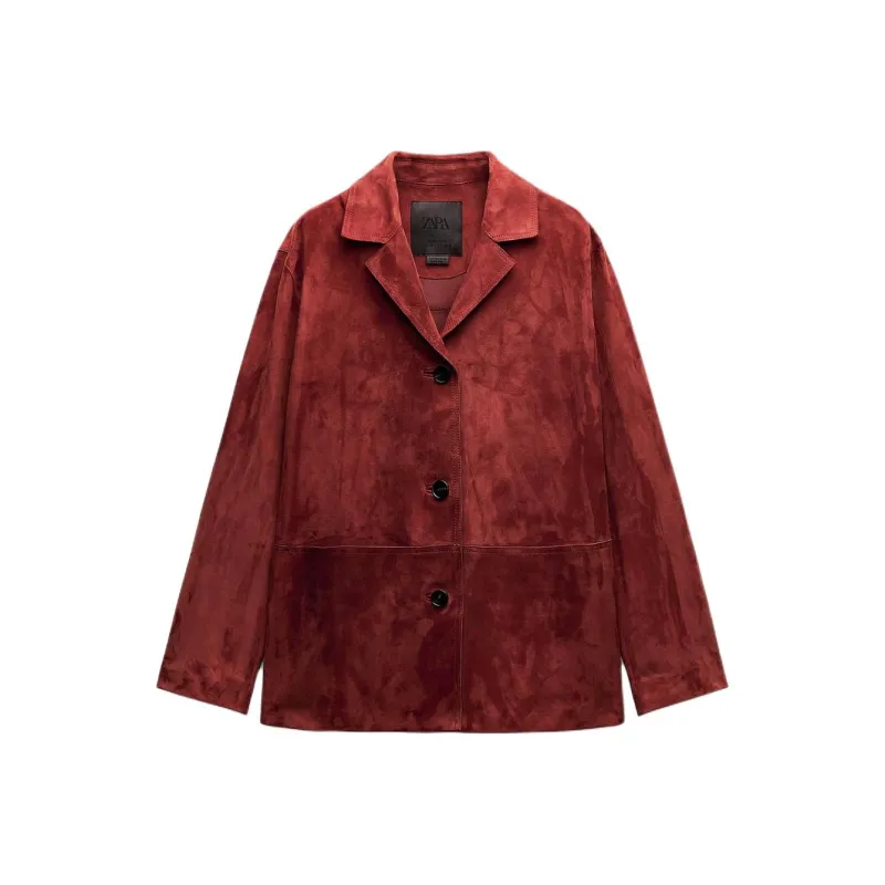 ZARA ZW Series Leather Jacket Women's Deep Maroon Red-0
