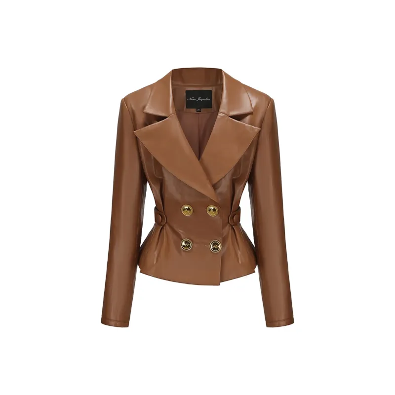 NANA JACQUELINE Leather Jacket Women's Light Coffee-0