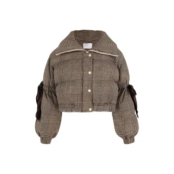Selkie Collection FW24 Puffer Jacket Women's Brown Base With Houndstooth Plaid Print