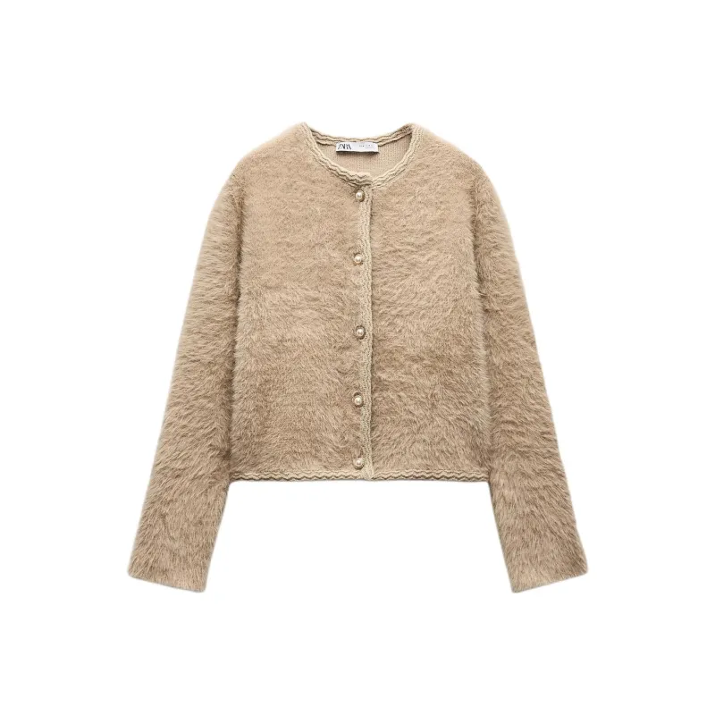 ZARA Velvet-feel Coat Women's Light Camel-0