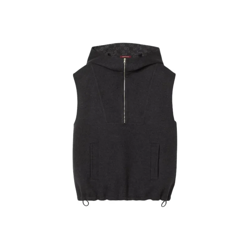 GUCCI Embroidered Wool Silk Hooded Gilet Vest Women's Dark Gray-0
