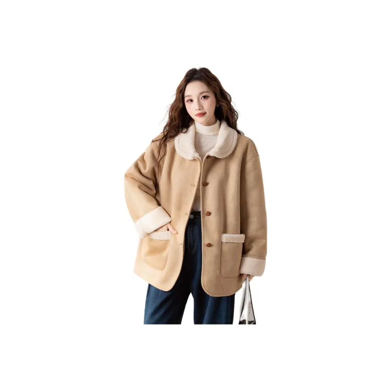 Tonlion Velvet feel Coat Women's Yellow Khaki-0