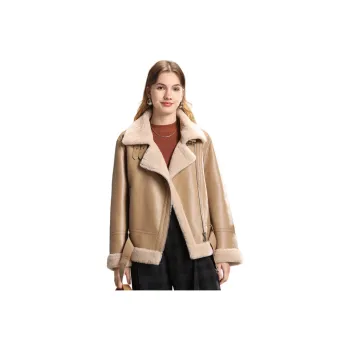 FENHONGMALI Leather Jacket Women's Oatmeal/Light Khaki