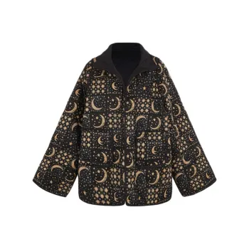 Selkie Collection FW24 Puffer Jacket Women's Navy Blue Base With Moon And Star Plaid Print